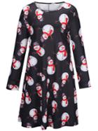 Shein Black Crew Neck Snowman Print Christmas Dress