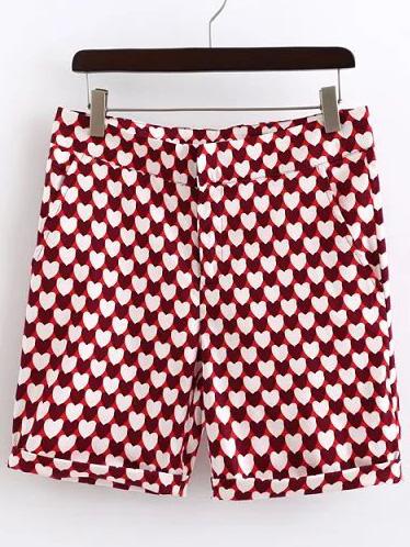 Shein Red Heart Printed Zipper Fly Shorts