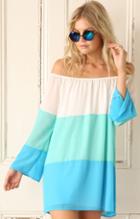 Shein White Blue Off The Shoulder Color Block Dress