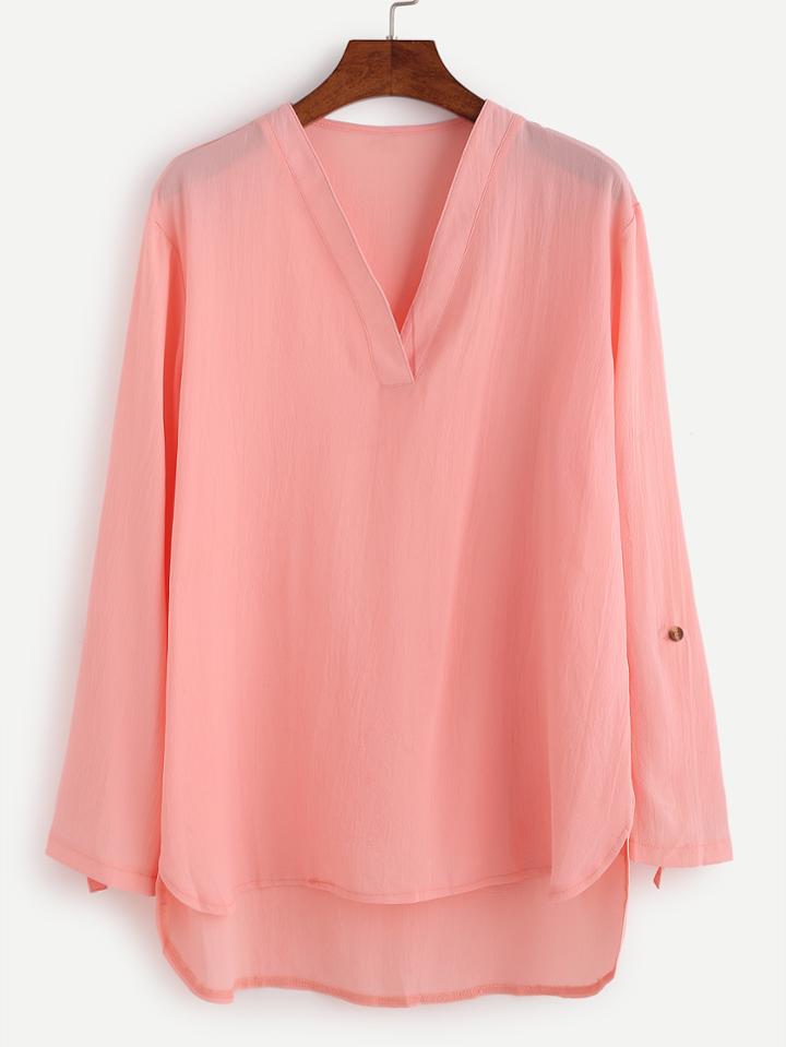 Shein Pink V Neck Roll Tab Sleeve High Low Blouse