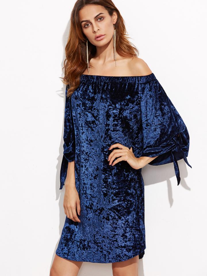 Shein Navy Off The Shoulder Crushed Velvet Dress