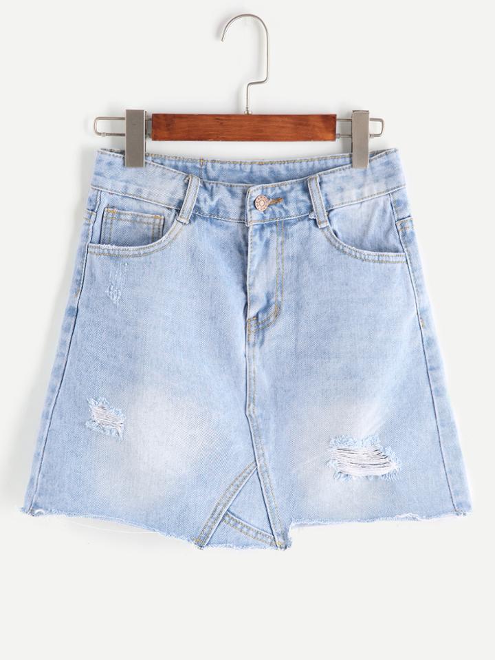 Shein Blue Ripped Bleach Wash Raw Hem Denim Skirt