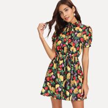 Shein Tie Neck Fruit Print Dress