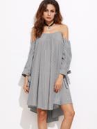 Shein Black And White Striped Tie Sleeve Off The Shoulder Dress
