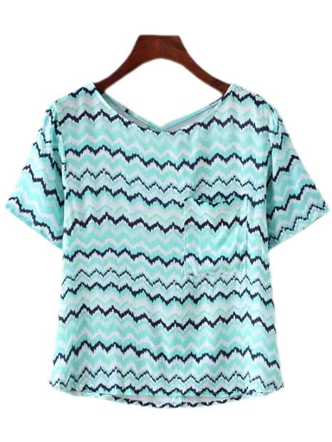 Shein Multicolor Buttons Back Pocket Wave Print Blouse