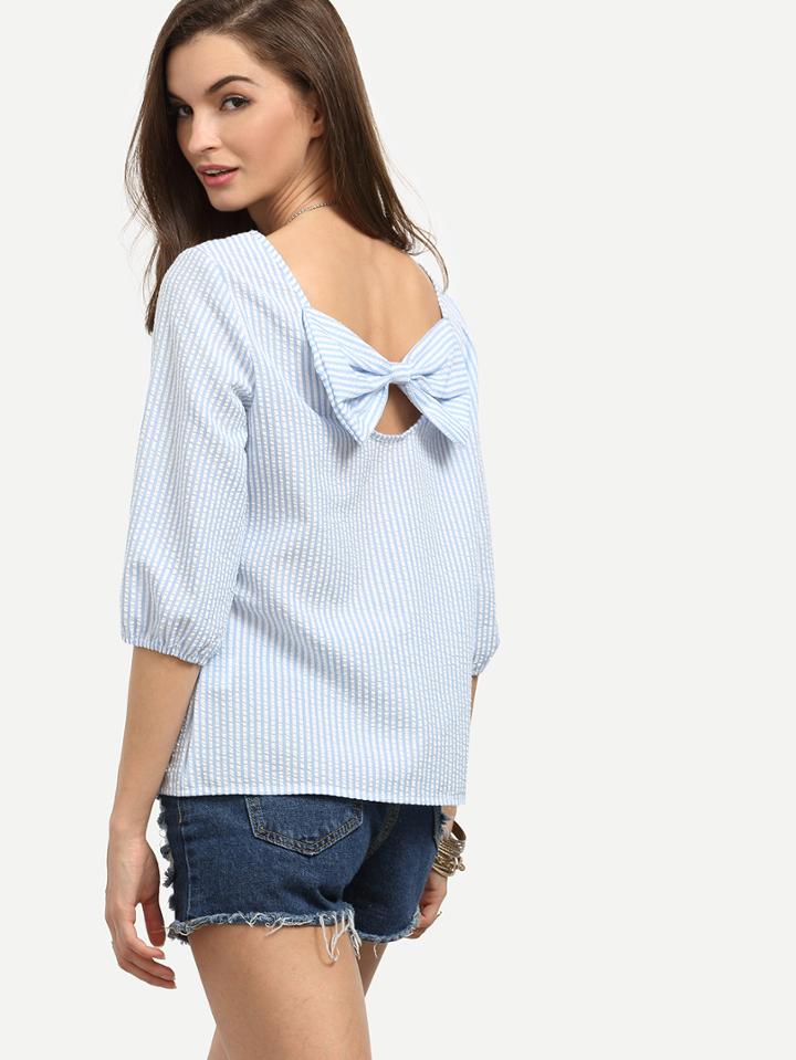 Shein Pinstripe Bow Tie Back 3/4 Length Sleeve Blouse