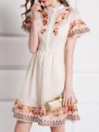Shein Apricot Bell Sleeve Embroidered A-line Dress