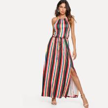 Shein Drawstring Waist Striped Halter Maxi Dress
