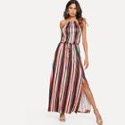 Shein Drawstring Waist Striped Halter Maxi Dress