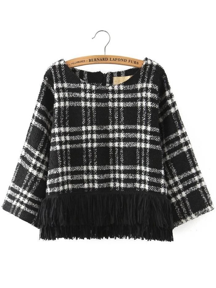 Shein Black White Round Neck Plaid Tassel Blouse
