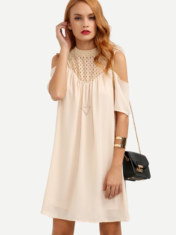 Shein Apricot Cold Shoulder Hollow Patchwork Shift Dress