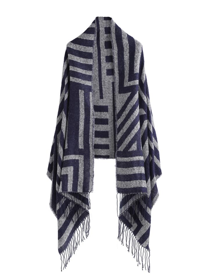 Shein Navy Stripe Long Fringe Shawl Scarf