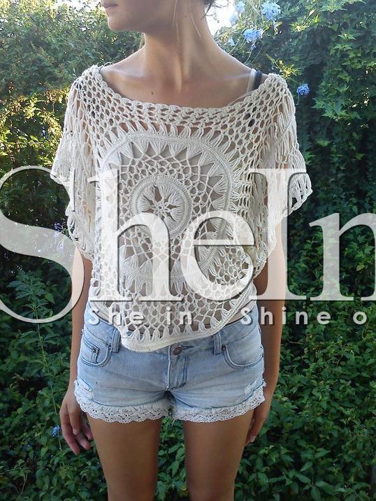 Shein White Boat Neck Crochet Blouse