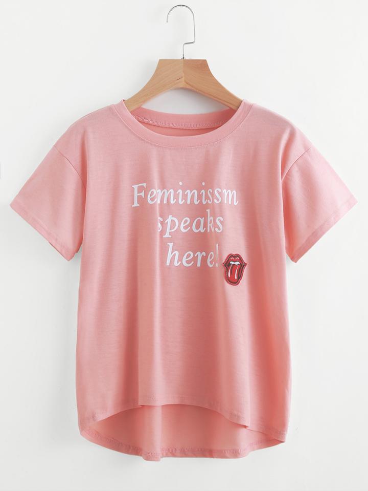 Shein Slogan Print Mouth Patch Dip Hem Tee