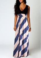 Rosewe Plunging Neckline Stripe Print Maxi Dress