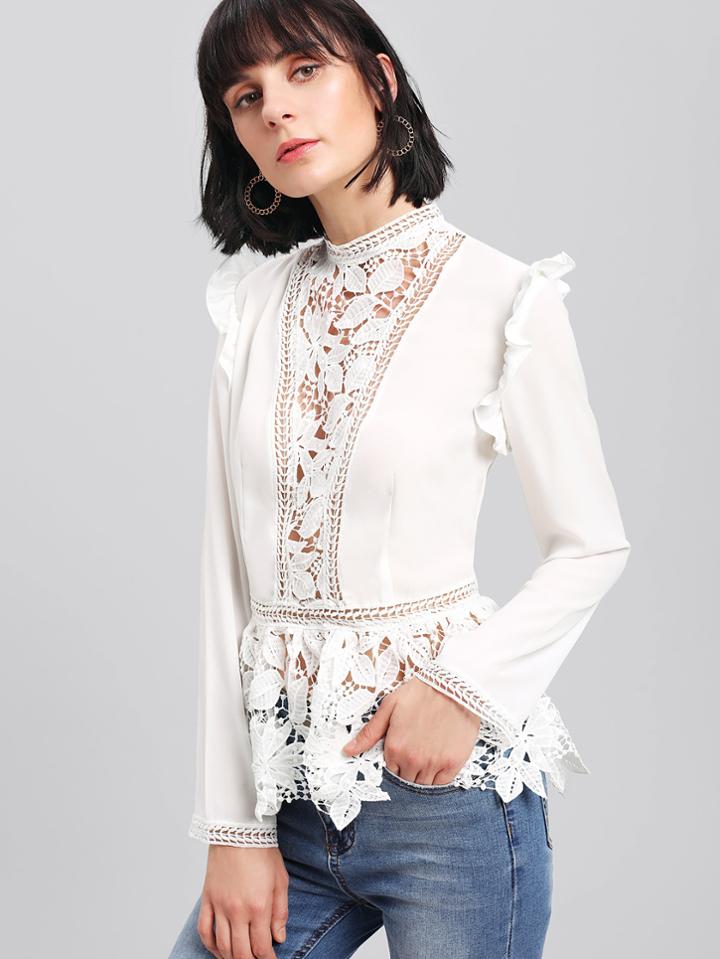 Shein Frilled Shoulder Lace Insert Peplum Top