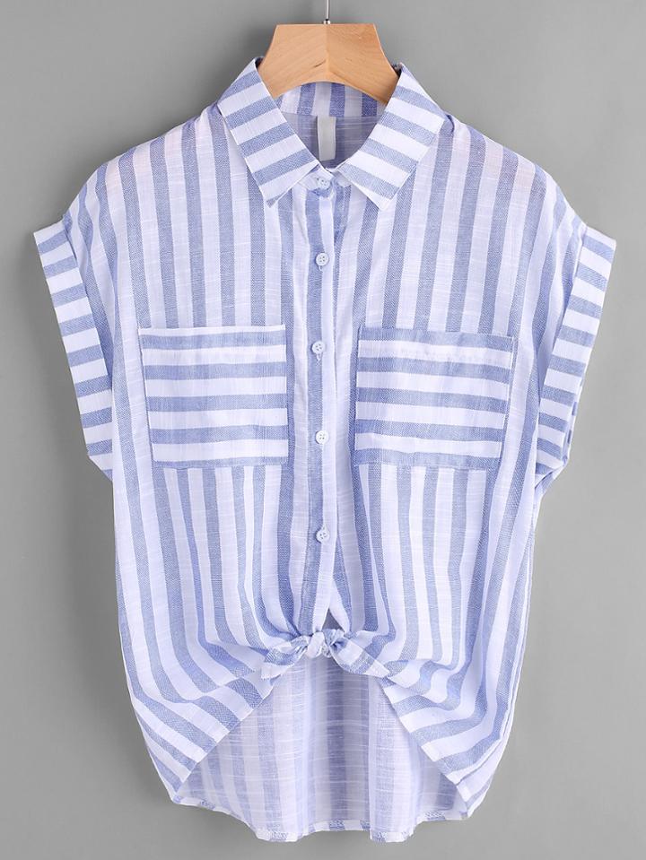 Shein Striped Dip Hem Knot Cuffed Blouse With Dual Chest Pocket