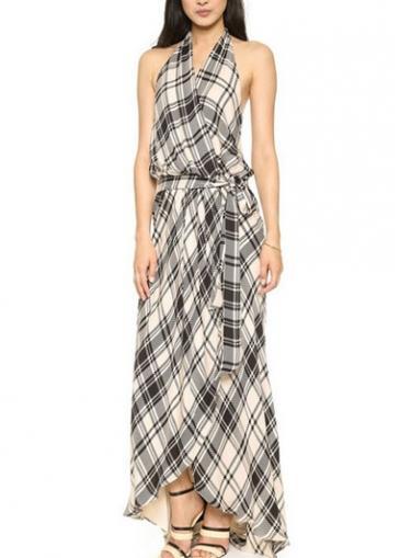 Rosewe Elegant Open Back Halter Design Plaid Print Maxi Dress