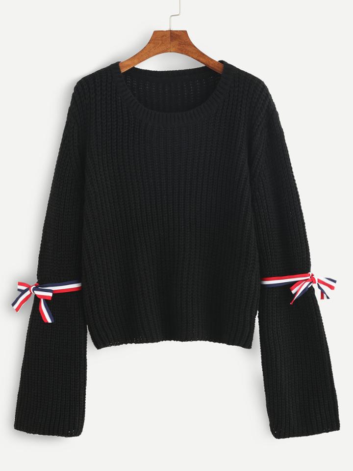 Shein Black Ribbed Knit Bell Sleeve Sweater With Striped Tape Detail