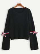 Shein Black Ribbed Knit Bell Sleeve Sweater With Striped Tape Detail