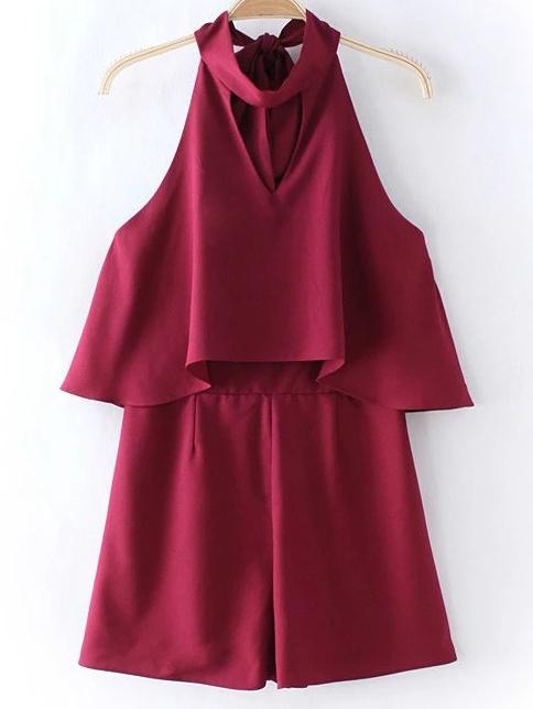 Shein Burgundy Zipper Back Halter Bow Backless Romper