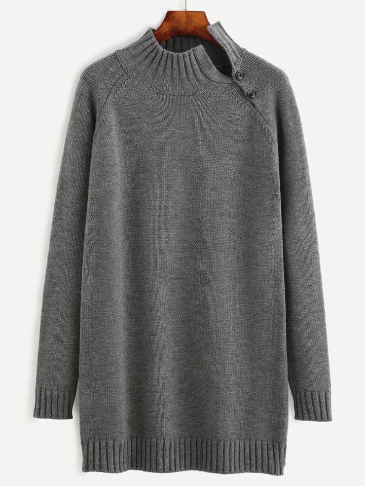 Shein Grey Ribbed Trim Split Buttoned Neck Longline Sweater