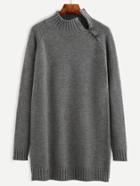 Shein Grey Ribbed Trim Split Buttoned Neck Longline Sweater
