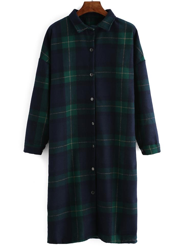 Shein Green Plaid Dropped Shoulder Seam Long Blouse