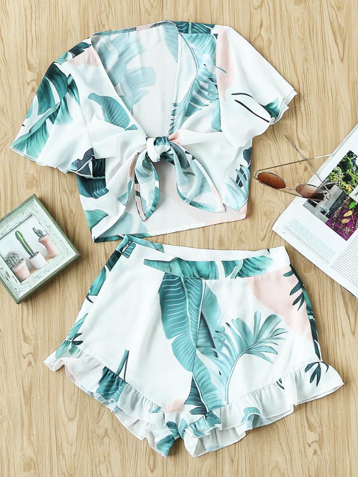Shein Tropical Print Knot Front Blouse And Shorts Set