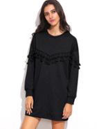 Shein Black Drop Shoulder Tassel Trim Sweatshirt Dress