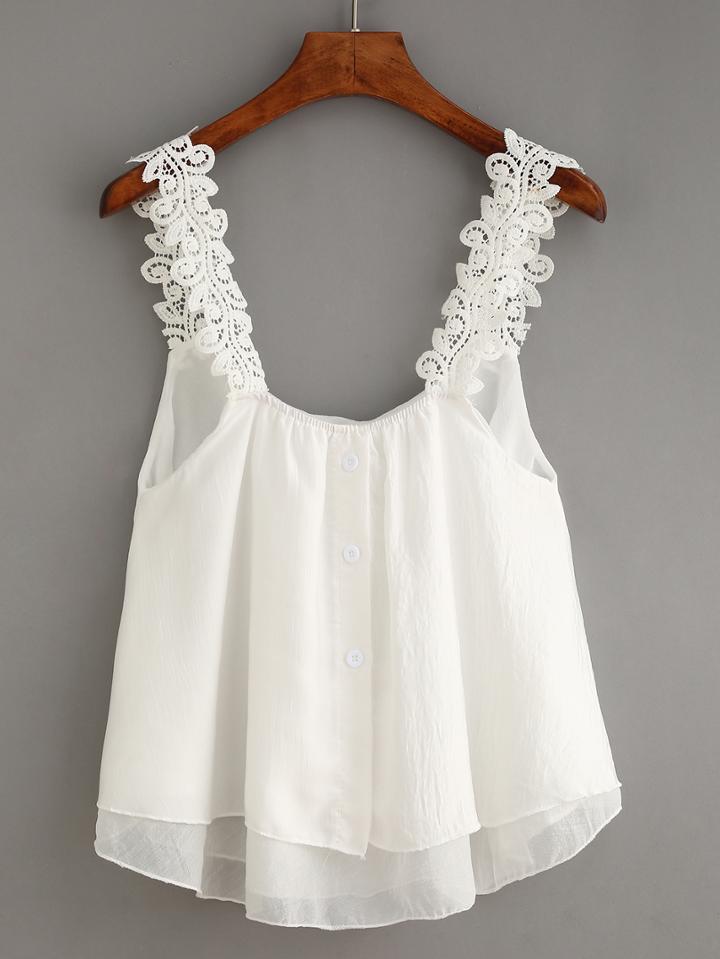 Shein Buttoned Front Lace Strap Top - White