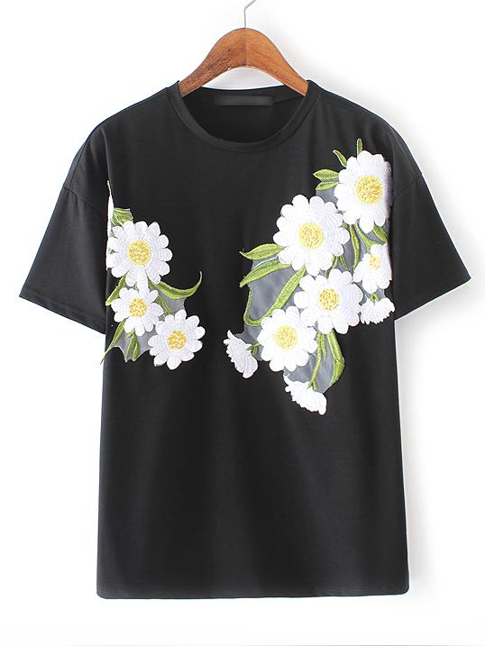 Shein Black Round Neck Flower Embroidery T-shirt