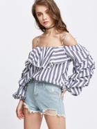Shein Navy White Striped Cold Shoulder Billow Sleeve Ruffle Top