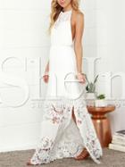 Shein White Halter Backless Crochet Lace Maxi Dress