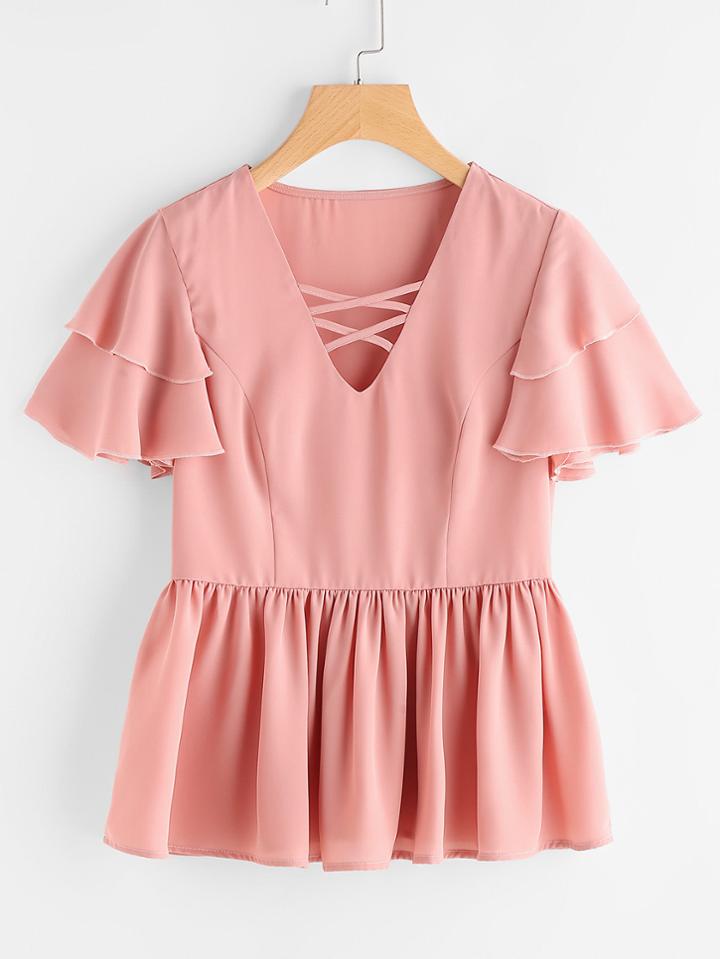 Shein Crisscross Neck Princess Seam Flutter Sleeve Top