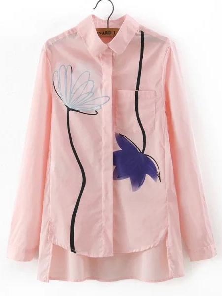 Shein Pink Long Sleeve Pocket Floral Dip Hem Blouse