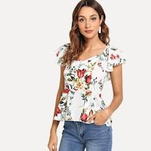 Shein Flower Print Flutter Sleeve Backless Top
