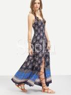 Shein Multicolor Print Spaghetti Strap Split Boho Maxi Dress