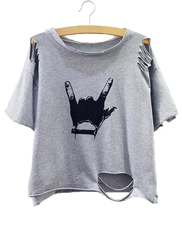 Shein Grey Gesture Print Distressed T-shirt