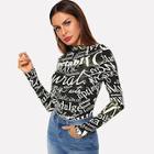 Shein Allover Letter Print Mock Neck Fitted Tee