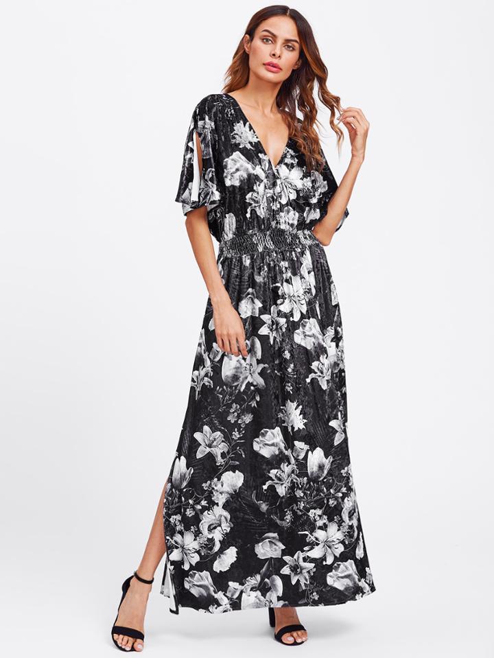 Shein Split Sleeve Shirred Waist Floral Velvet Dress
