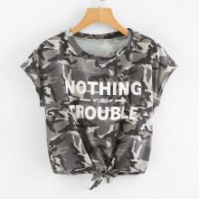 Shein Camo Slogan Print Crop Tee