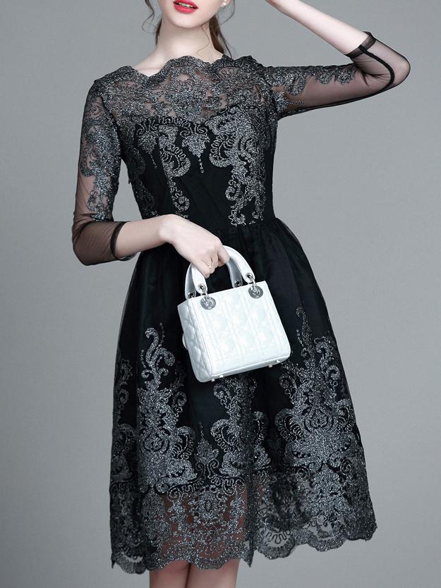 Shein Black Sheer Gauze Embroidered A-line Scallop Dress