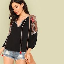 Shein Embroidered Mesh Insert Pompom Tie Neck Top