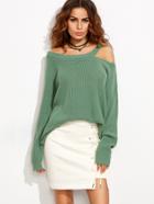 Shein Green Asymmetric Cold Shoulder Long Sweater
