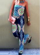 Rosewe Strapless Ankle Length Totem Printed Jumpsuits
