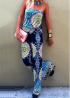 Rosewe Strapless Ankle Length Totem Printed Jumpsuits