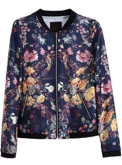 Shein Blue Long Sleeve Zipper Floral Birds Print Jacket