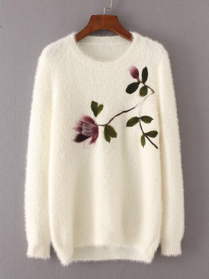 Shein Embroidered Flower Fuzzy Sweater