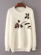 Shein Embroidered Flower Fuzzy Sweater
